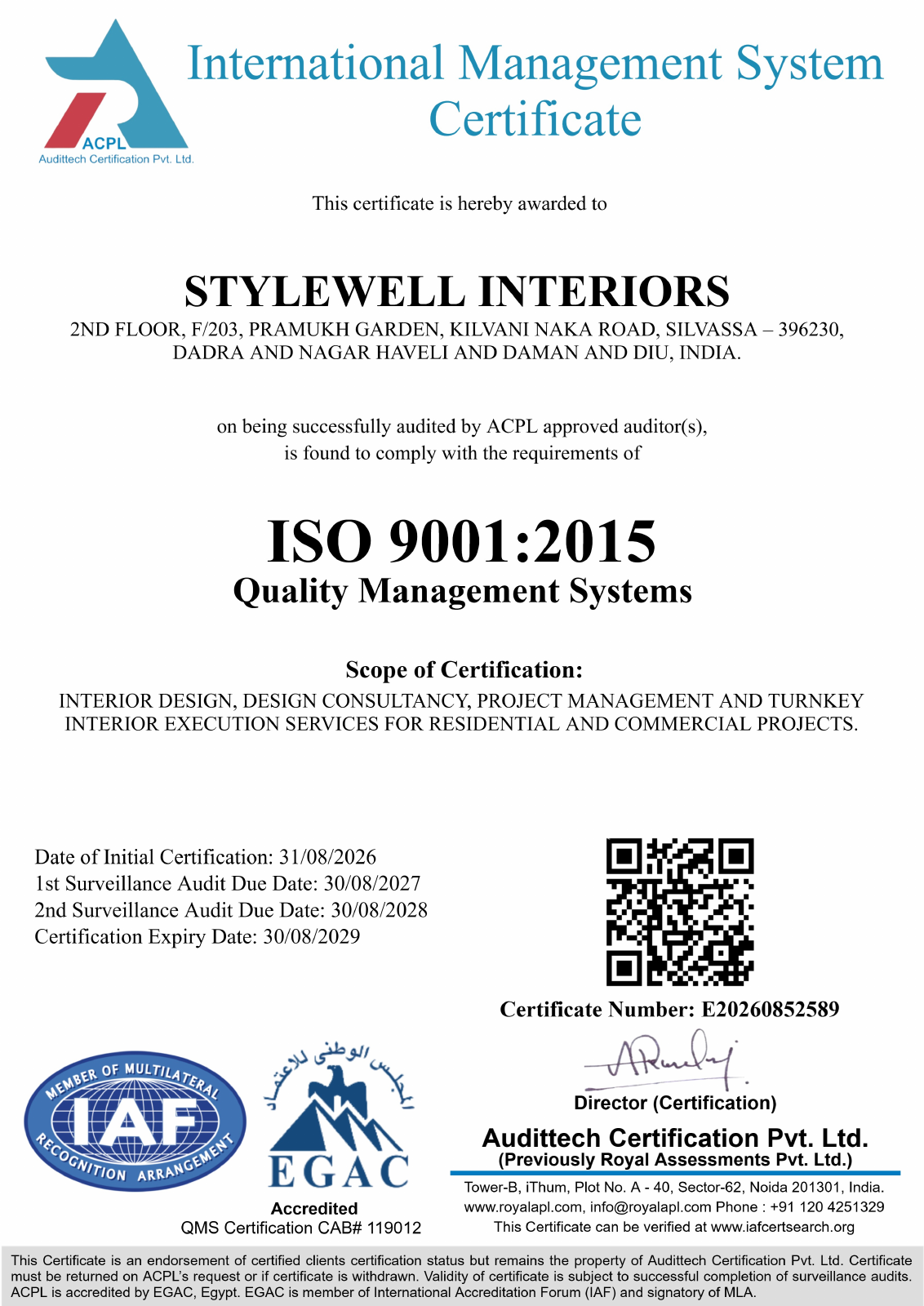 Stylewell Interiors ISO 9001:2015 Quality Management Systems certificate, number E20260852589, issued 31 August 2026